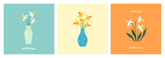 Set of colorful minimalist spring cards with daffodil flowers