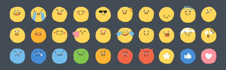A collection of diverse emojis displaying various emotions: happy, sad, angry, surprised. Colorful faces with expressions like joy, sadness, anger, and surprise. Hand drawn cute emoticon. Vectors.
