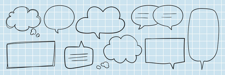 Hand-drawn speech bubbles on a grid background. Various shapes include clouds, rectangles, and ovals. Ideal for creative projects and designs. Hand drawn message element set. Vectors.