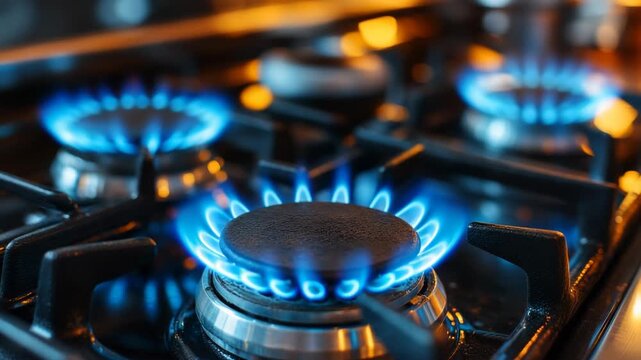 Close-up view of bright blue gas flames burning on modern stainless steel stove in kitchen, energy, natural gas, heat power, household technology, and efficient domestic fuel source for cooking.