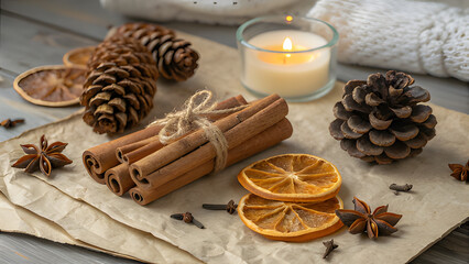 Cozy autumn arrangement with cinnamon sticks, pine cones, star anise, and dried orange slices, evokes warmth and nostalgia, perfect for seasonal designs, festive promotions, and holiday inspiration