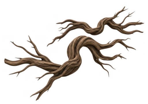 Two gnarled, twisted, and weathered tree branches isolated on transparent background, showcasing intricate textures and organic shapes