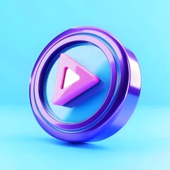 3D purple play button icon on blue background with modern glossy design