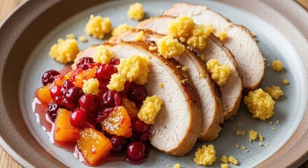 Festive sliced turkey breast with cranberry sauce and cornbread stuffing, a delightful holiday meal served on a rustic plate
