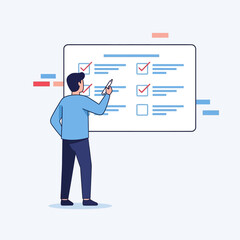A focused man in a modern flat illustration style is diligently checking off completed tasks on a large digital whiteboard, symbolizing successful project management and productivity.