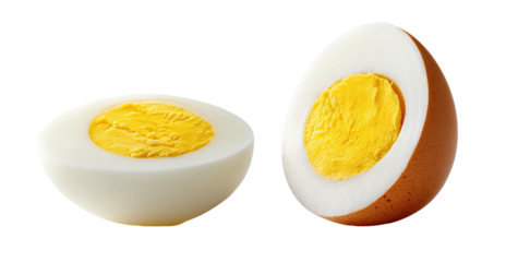 Two halves of a hard-boiled egg, one peeled and one unpeeled