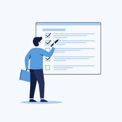 A businessman standing in front of a large checklist, marking completed tasks with a pen, symbolizing productivity and effective project management in a modern business setting.