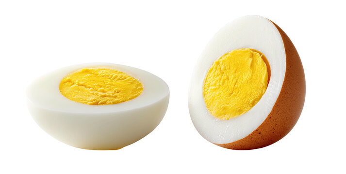Two halves of a hard-boiled egg, one peeled and one unpeeled