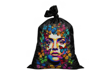 A black trash bag with a colorful artistic depiction of a womans face surrounded by vibrant butterflies, isolated on a transparent background