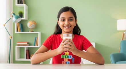 Happy Indian Girl Smiling and Drinking Milk at Home