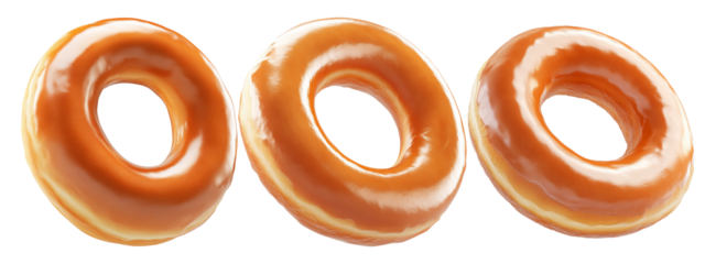 Tasty round donut topped with caramel and vanilla glaze swirl, isolated on white transparent background