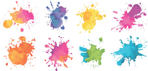 Colorful paint splashes on white background. Colorful watercolor paint splash stains set on a white background. Vibrant set of watercolor splash stains on a transparent background. 