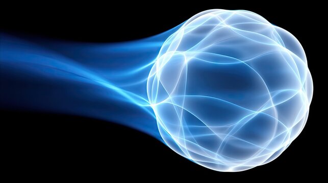 An abstract, glowing blue sphere with intricate, interwoven lines of light, emitting luminous energy trails against a solid black background. The lighting is dr - Powered by Adobe