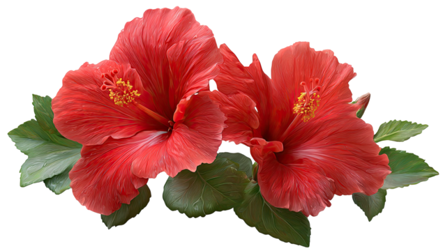 Two vibrant red hibiscus flowers with green leaves on black background (1)