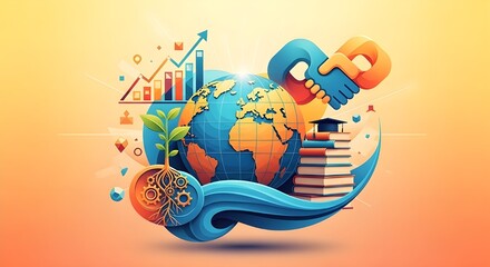 Global growth and learning concept with handshake, books, and plant, showing international education and business development for a brighter future