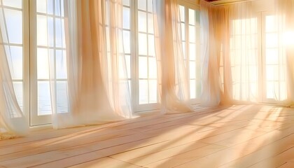 Bright sunlit room with sheer curtains and large windows creating warm natural light