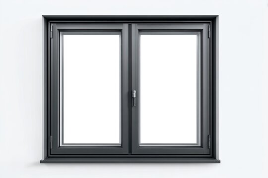 A double-pane window with dark gray frame on a white wall; daylight shines through - Powered by Adobe