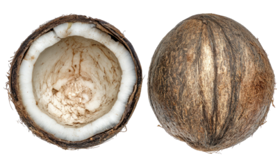 Split tropical fruit revealing white flesh and textured brown shell