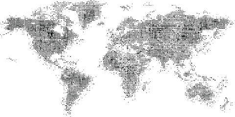 Halftone world map with dot pattern, dotted globe continents graphic. Dotted world map. Black vector illustration.  © Design House