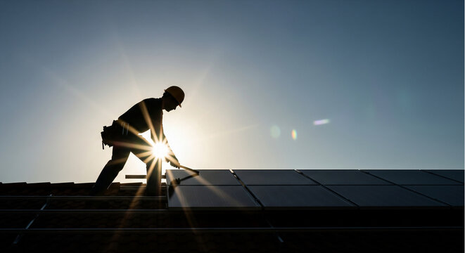 Silhouette of worker installing solar panels on roof against bright sun. Renewable green energy concept with engineer maintaining photovoltaic system and dramatic lens flare.