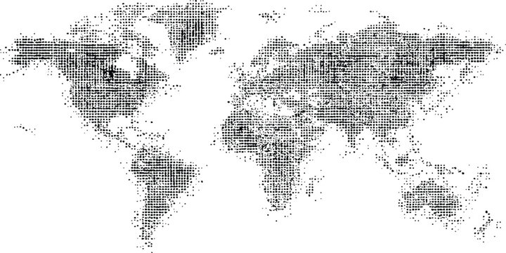 Halftone world map with dot pattern, dotted globe continents graphic. Dotted world map. Black vector illustration. 