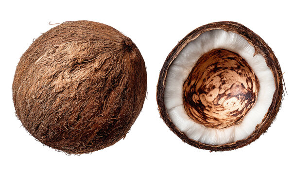 Whole and halved mature coconut on a black background