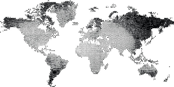 Halftone world map with dot pattern, dotted globe continents graphic. Dotted world map. Black vector illustration. 