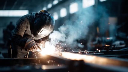 Welders join metal pieces together in a workshop, using heat and pressure to form strong bonds. Sparks fly as they work on various projects for fabrication