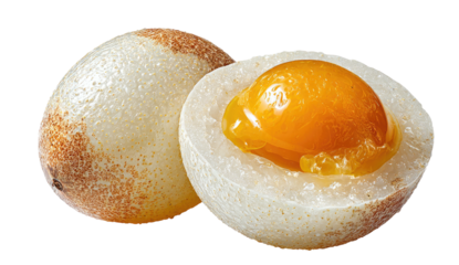 Delicate white orb with golden yolk center, halved, isolated