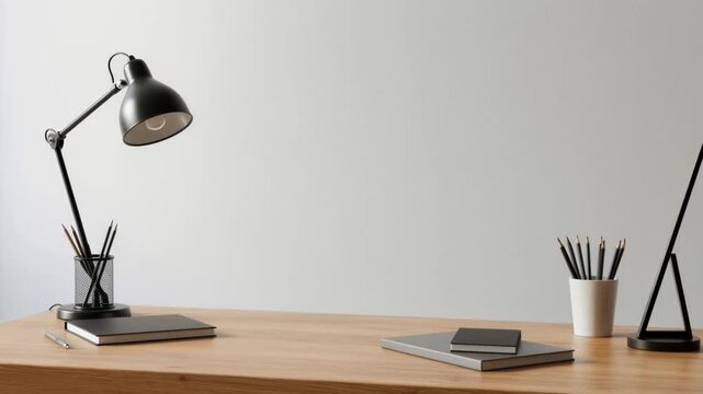 A workspace scene featuring a wooden desk, lamp, pencils, and notebooks against a pale wall. Minimalist and modern