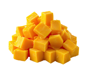 Pile of bright yellow cheese cubes on a black background