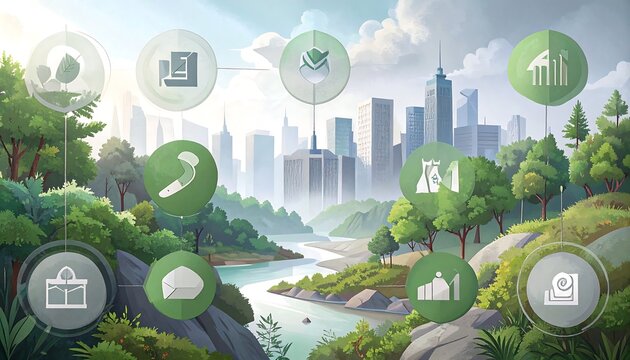 Cityscape with interconnected icons - Powered by Adobe