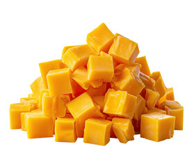 Pile of bright yellow, diced cheese cubes on a black background