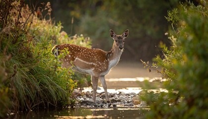 A young spotted deer stands in shallow stream, surrounded by lush greenery, illuminated by golden sunlight. Natural scene
