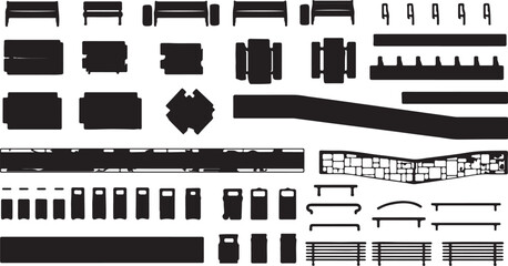 Top view vector set of street furniture, park benches, bins, and urban planning elements. isolated PNG with Transparent Background