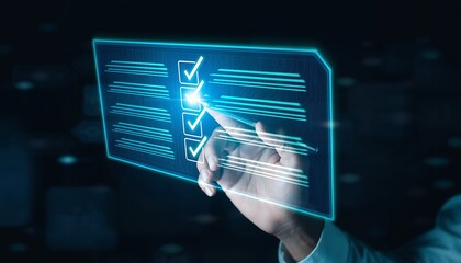 Hand interacting with a glowing digital checklist showing completed tasks, representing efficient task management and quality assurance, concept for business, technology, and productivity.