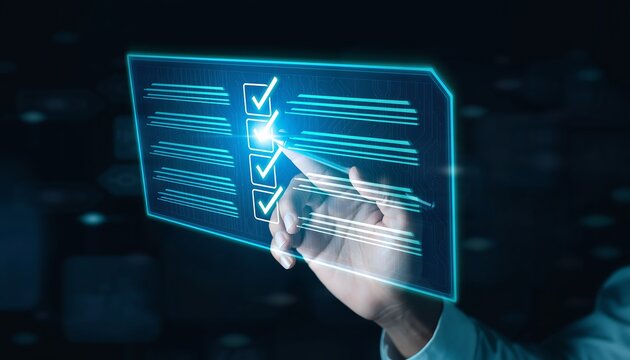 Hand interacting with a glowing digital checklist showing completed tasks, representing efficient task management and quality assurance, concept for business, technology, and productivity. - Powered by Adobe