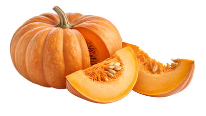 Orange Sugar Pie Pumpkin Cut with Seeds Showing Isolated on White