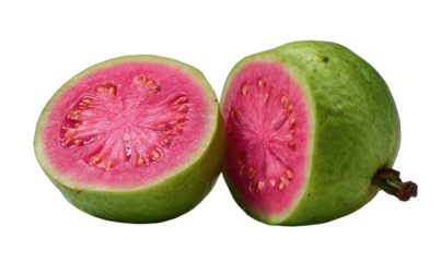 Vibrant pink guava halved, showcasing juicy interior and seeds