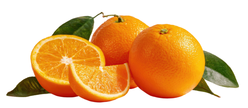 Ripe oranges, one sliced, with green leaves on black