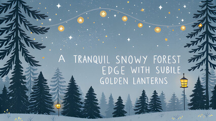 Enchanting winter scene of a snowy forest with twinkling star lights and lanterns, perfect for holiday greetings, seasonal promotions, and heartwarming festive designs