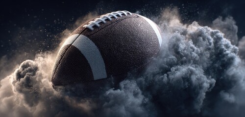 A football, surrounded by stylized smoke or clouds, is mid-air against a dark background