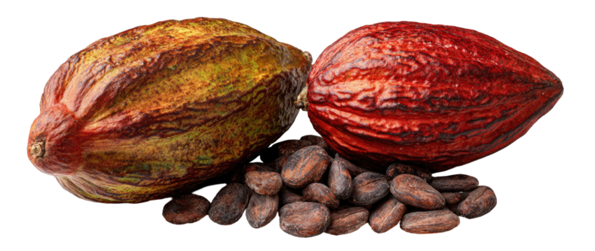 Two cocoa pods, one reddish-brown, another yellow-green, with beans