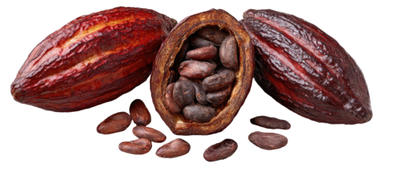 Fresh cocoa pods and beans, one pod split open revealing seeds
