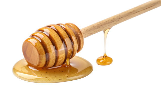 Wooden Honey Dipper Covered in Golden Honey Drip Isolated on White