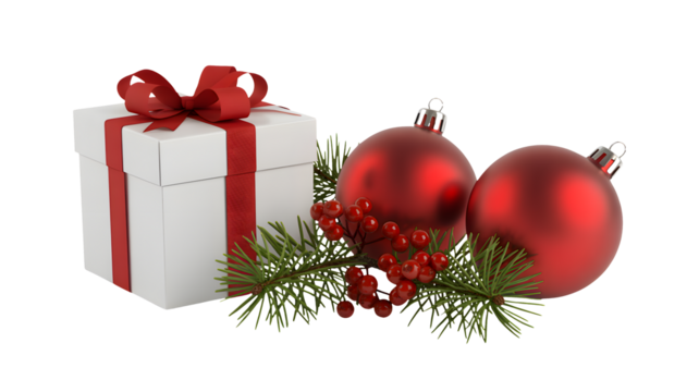 A white gift box with red ribbon sits next to red ornaments and pine sprigs.