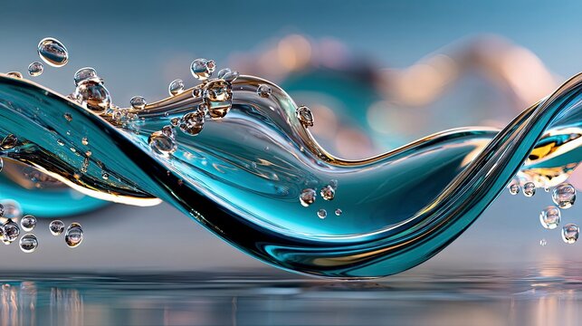 An abstract, fluid wave of turquoise liquid with numerous small bubbles, set against a soft, out-of-focus background with bokeh lights. - Powered by Adobe