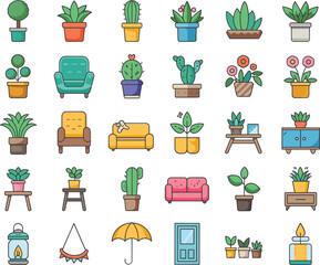 Colorful Outline Cartoon Home and Garden Vector Set Featuring Potted Plants, Cactus, Sofas, Armchairs, Cabinet, Umbrella, Door, and Interior Decor Icons.