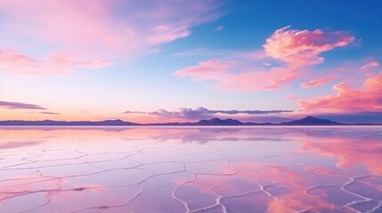 A stunning pink and purple sunset casts a magnificent reflection on a vast, dry salt flat with mountains in the distance.