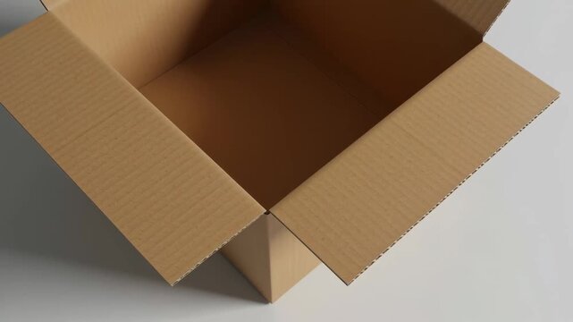 Open cardboard box with corrugated texture, viewed from above, on a white surface with a shadow. Interior is visible